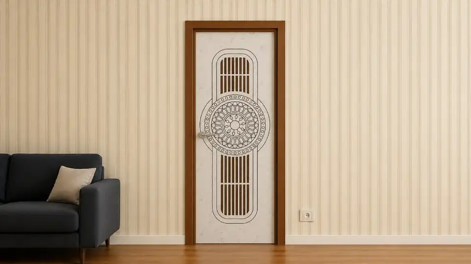 Designer interior door with mandala pattern and slatted panels — styled reference