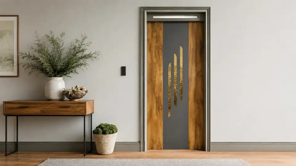 Modern interior door with wood frame, grey panel and gold accent inlays — styled reference