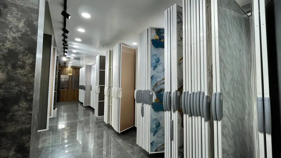 Laminate and mica catalogue displays with finish samples in the showroom