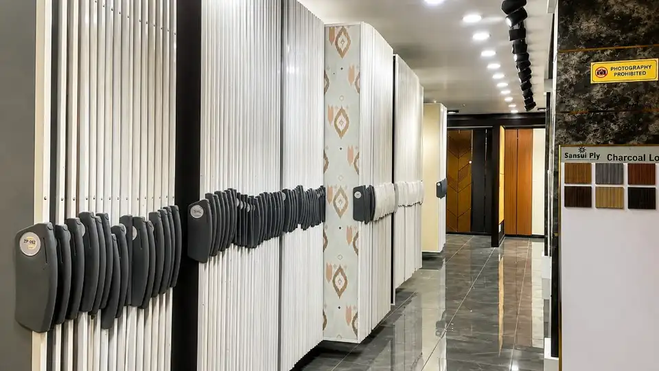 Laminate pull-out racks with patterned sheets and Sansui charcoal louver samples