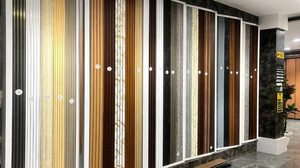 Fluted wall panel and louver samples in sliding display frames — wood, marble and solid colours
