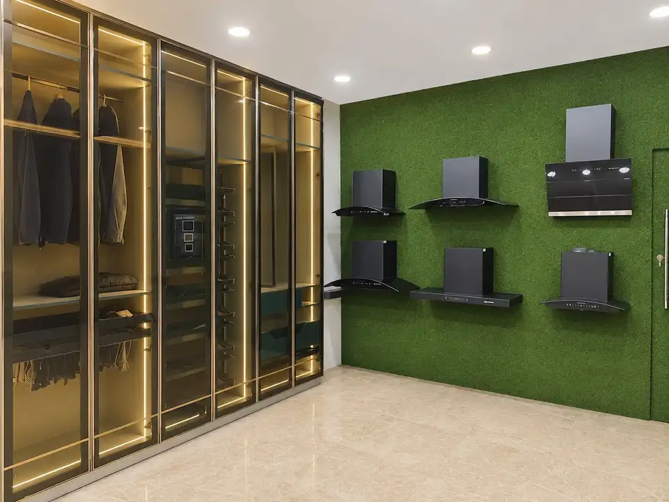 Kitchen chimney display wall with black hoods mounted on a green feature wall beside glass wardrobes