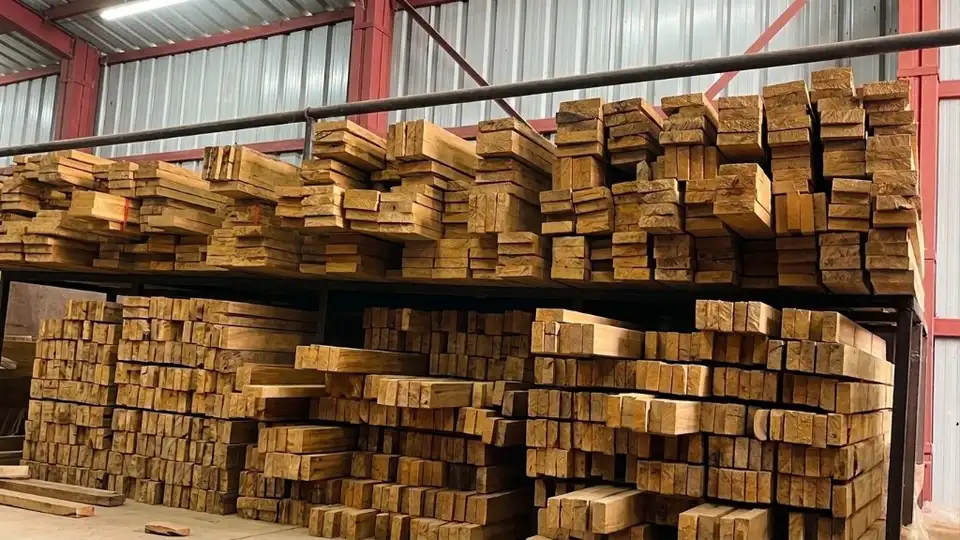 Wide view of timber inventory on industrial racks in the warehouse