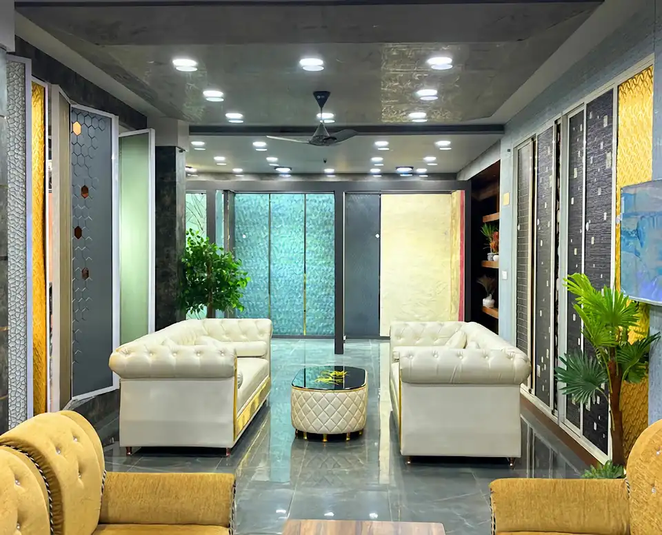Interior materials display area inside the Deepak Plywood showroom